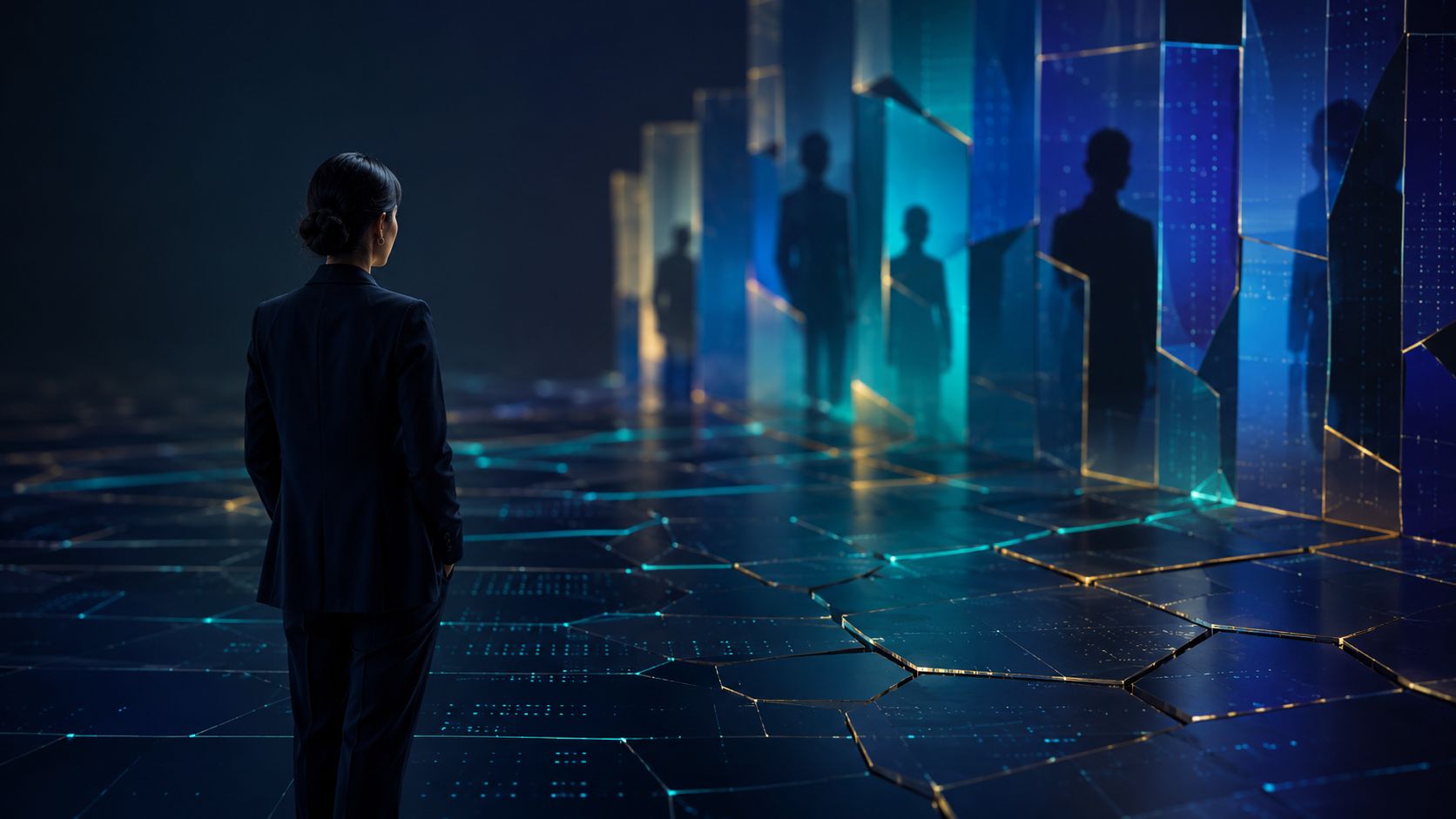 Una professionista in giacca e cravatta osserva figure umane digitali in un ambiente tecnologico futuristico.
