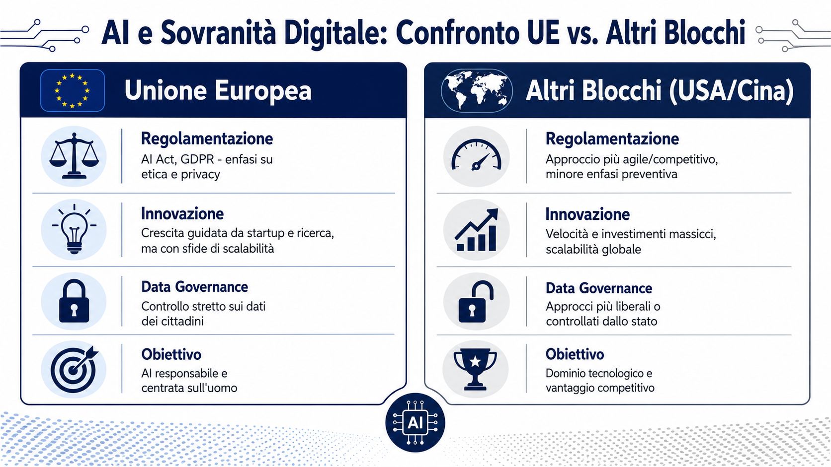 Confronto infografico tra l'Unione Europea e gli altri blocchi come USA e Cina sulla sovranità digitale.