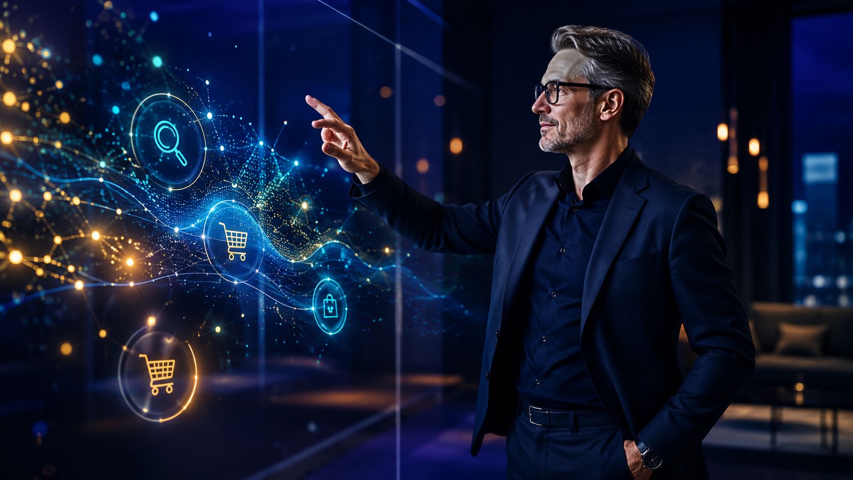 Uomo d'affari interagisce con un'interfaccia olografica digitale futuristica che mostra icone di ricerca e shopping online.