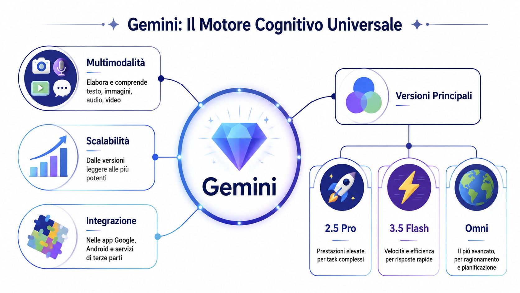 Infografica che illustra le caratteristiche principali di Gemini, il motore cognitivo universale di Google, comprese versioni e funzionalità.