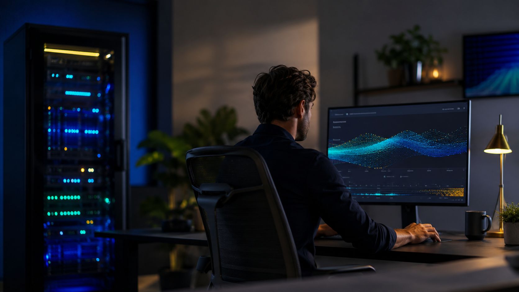 Tecnico informatico lavora in un ufficio moderno davanti a monitor con grafici di dati e server illuminati.