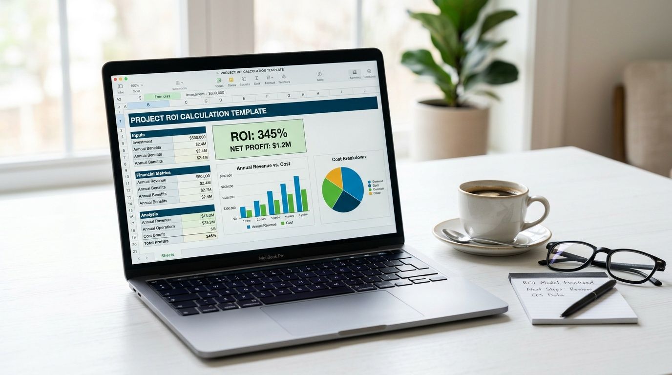 Un computer portatile su una scrivania mostra un foglio di calcolo con analisi del ritorno sugli investimenti aziendali.