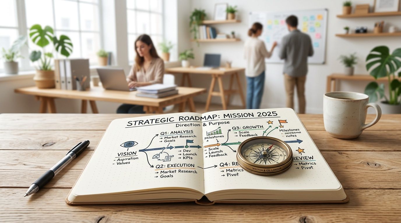 Un quaderno aperto su una scrivania mostra una mappa strategica per il 2025 con una bussola sopra.