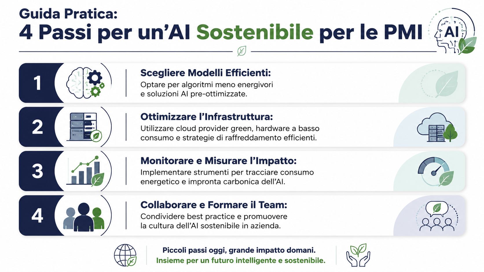 Infografica con quattro passaggi strategici per implementare l'intelligenza artificiale in modo sostenibile nelle piccole e medie imprese.