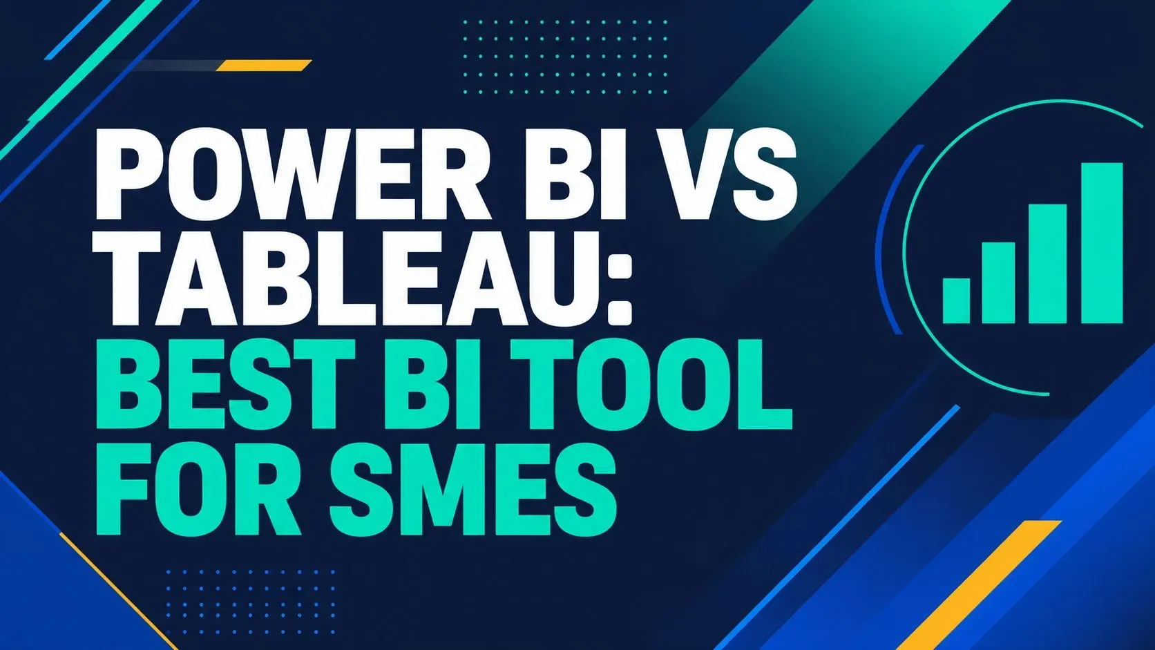Title graphic reading "Power BI vs Tableau: Best BI Tool for SMEs" with a bar chart icon.