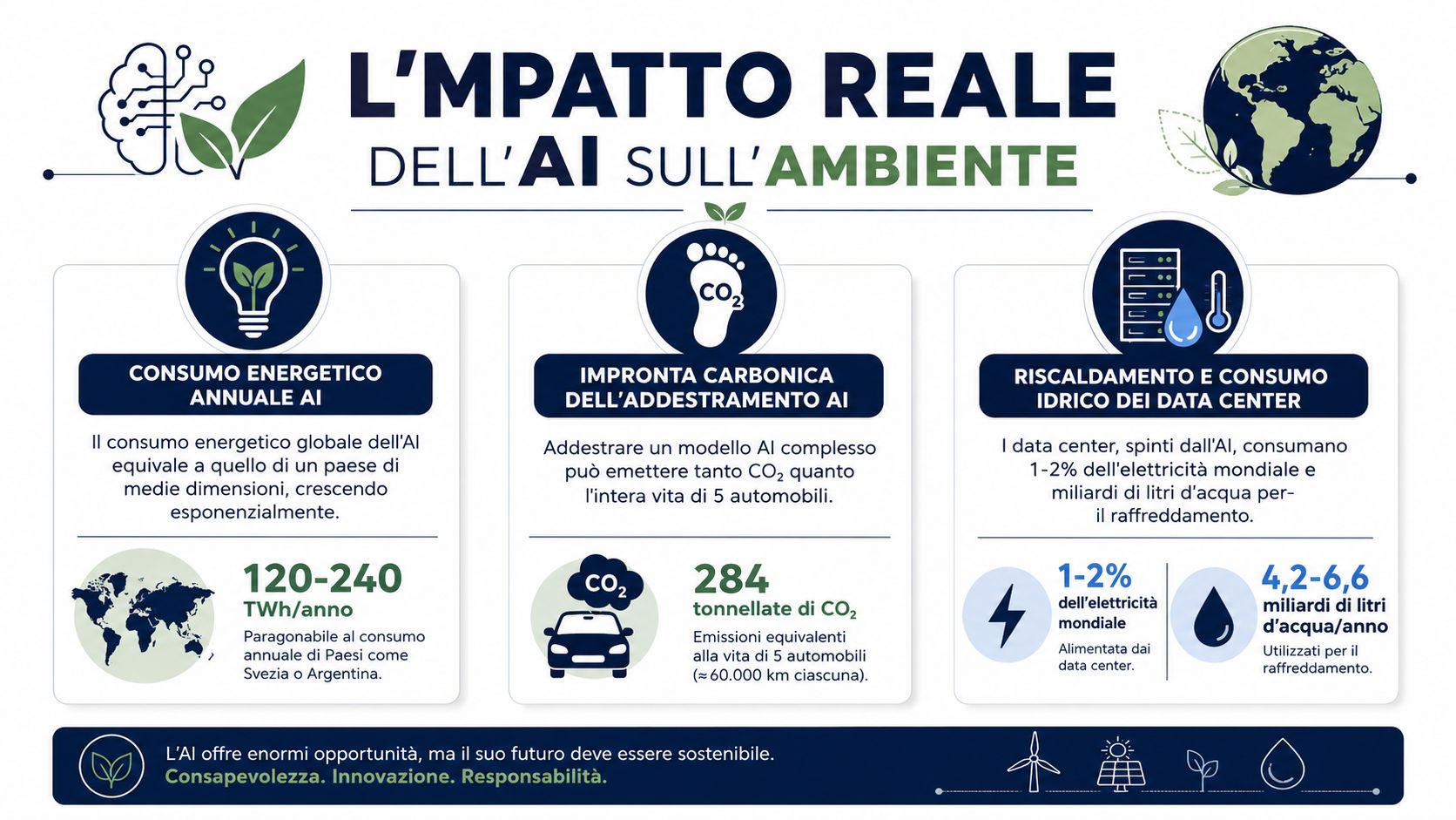 Infografica sull'impatto ambientale dell'intelligenza artificiale riguardo al consumo energetico, alle emissioni di CO2 e all'uso idrico.