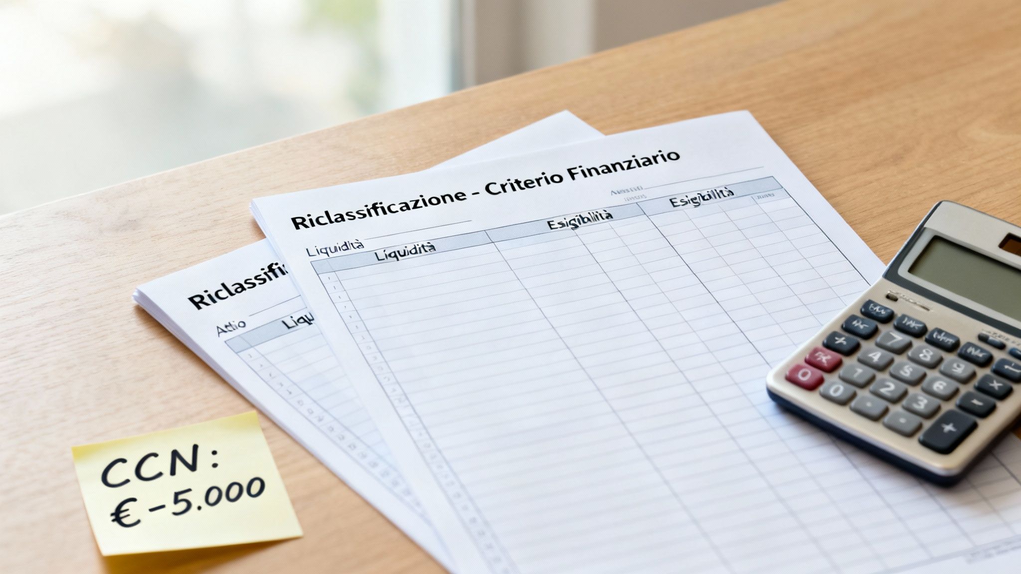 Documenti di riclassificazione finanziaria, calcolatrice e nota adesiva con importo negativo su una scrivania.