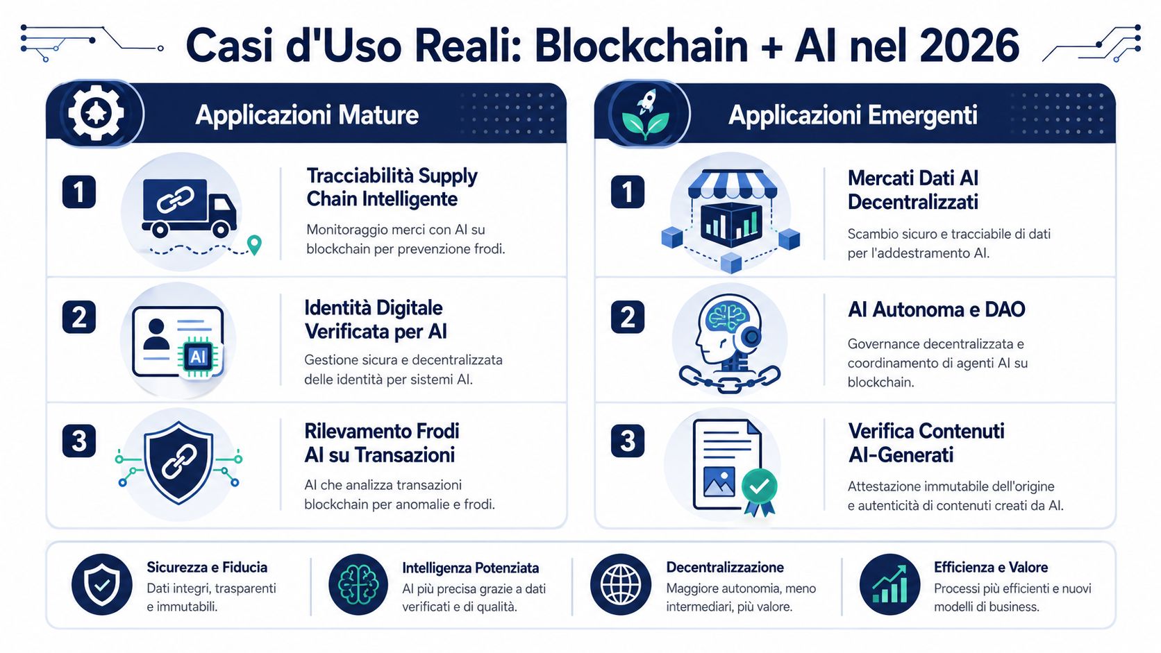 Infografica sui casi d'uso reali dell'integrazione tra blockchain e intelligenza artificiale previsti per l'anno 2026.