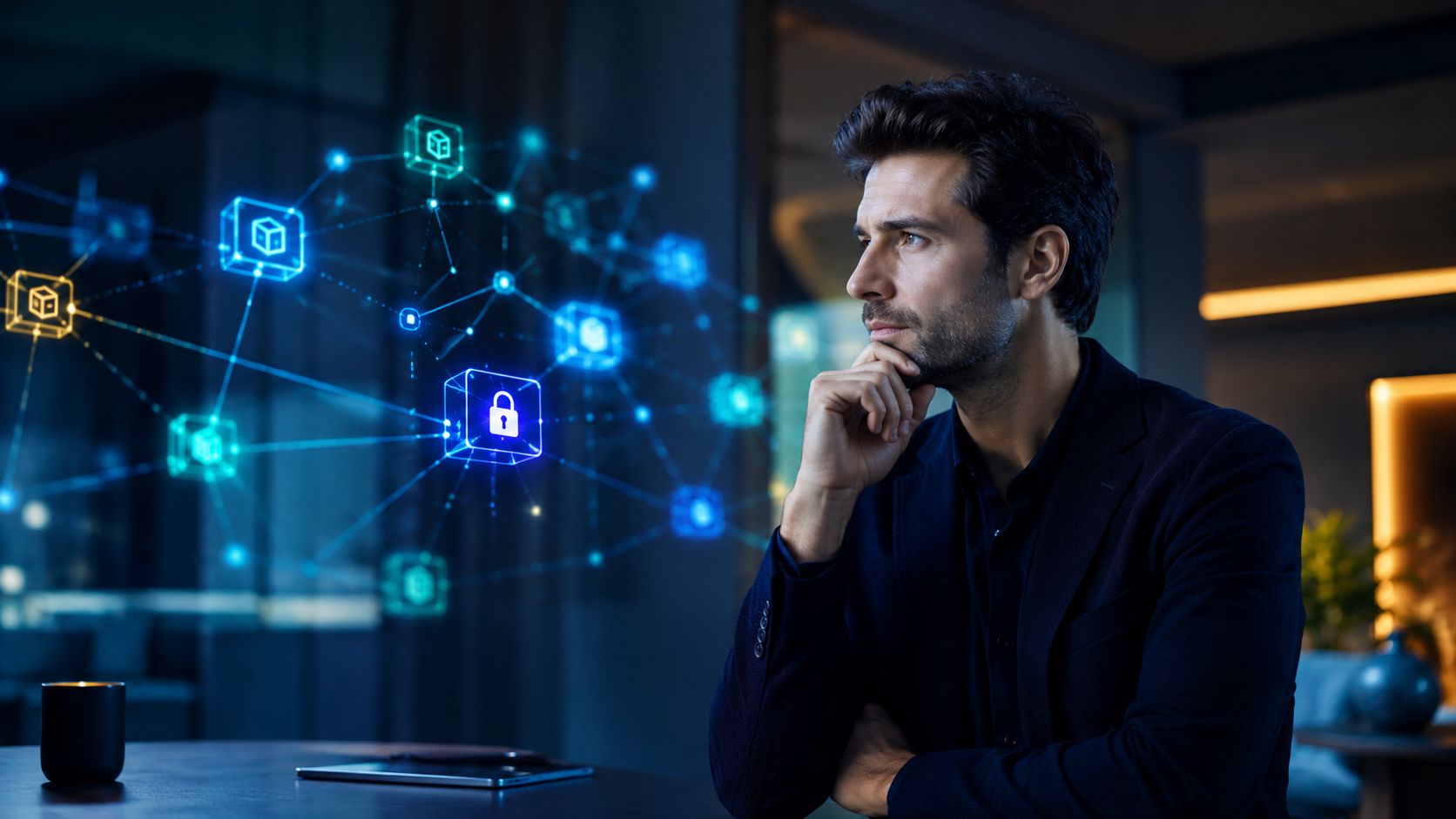 Un professionista in giacca scura riflette davanti a una rete olografica che rappresenta la sicurezza blockchain.