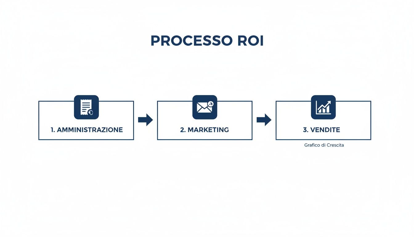 Un diagramma di flusso che illustra il processo ROI in tre fasi: Amministrazione, Marketing e Vendite con icone rappresentative.
