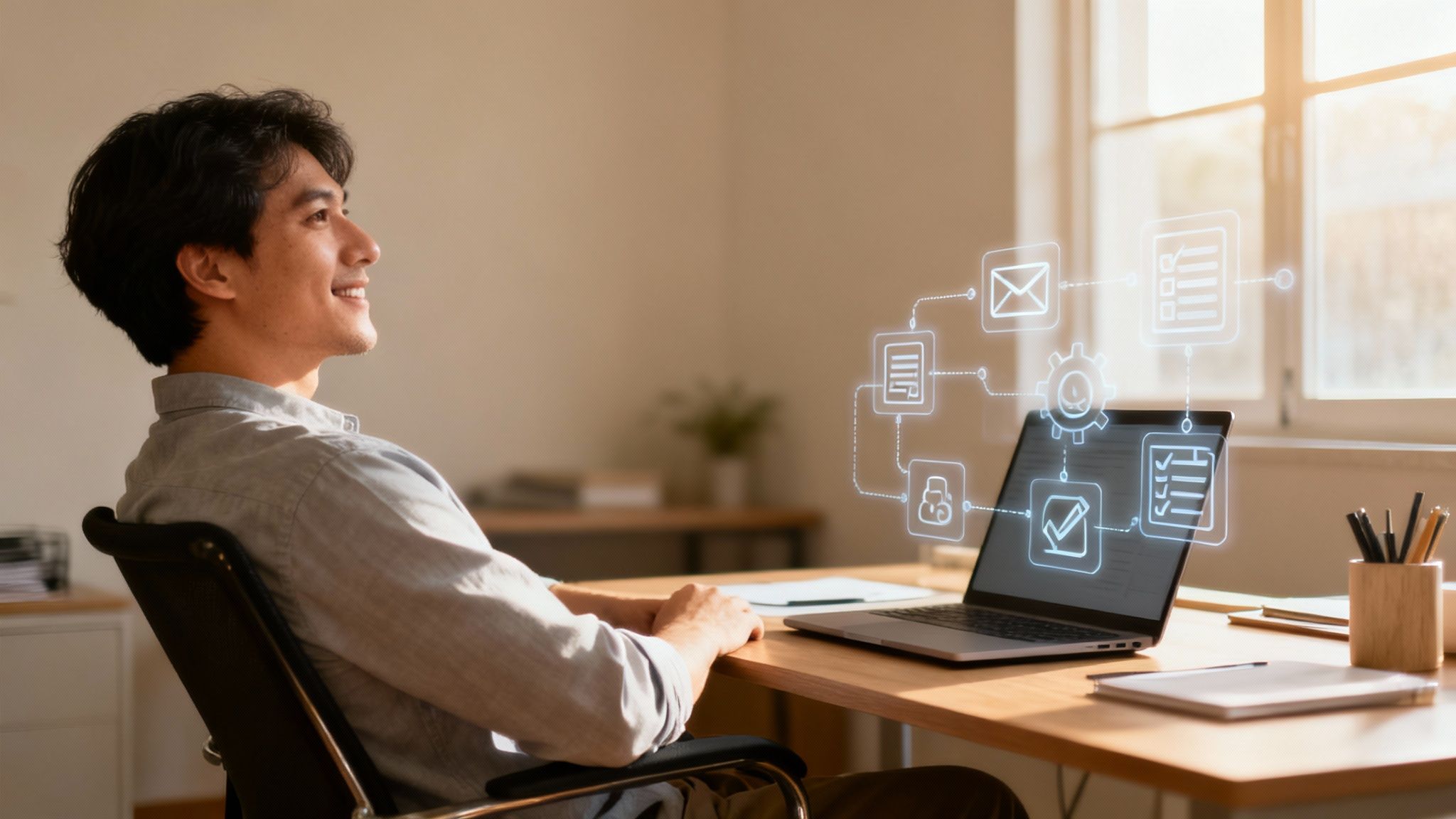 Un uomo sorride alla sua scrivania, mentre il suo laptop mostra un diagramma di automazione aziendale.