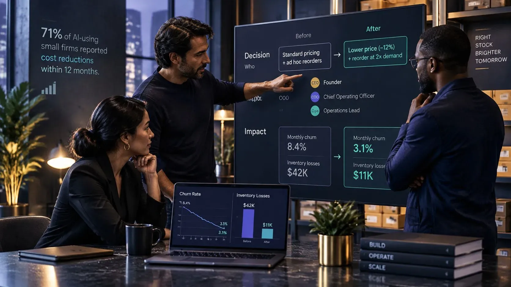 A professional team reviews business data on a large screen displaying charts about cost reduction and inventory.