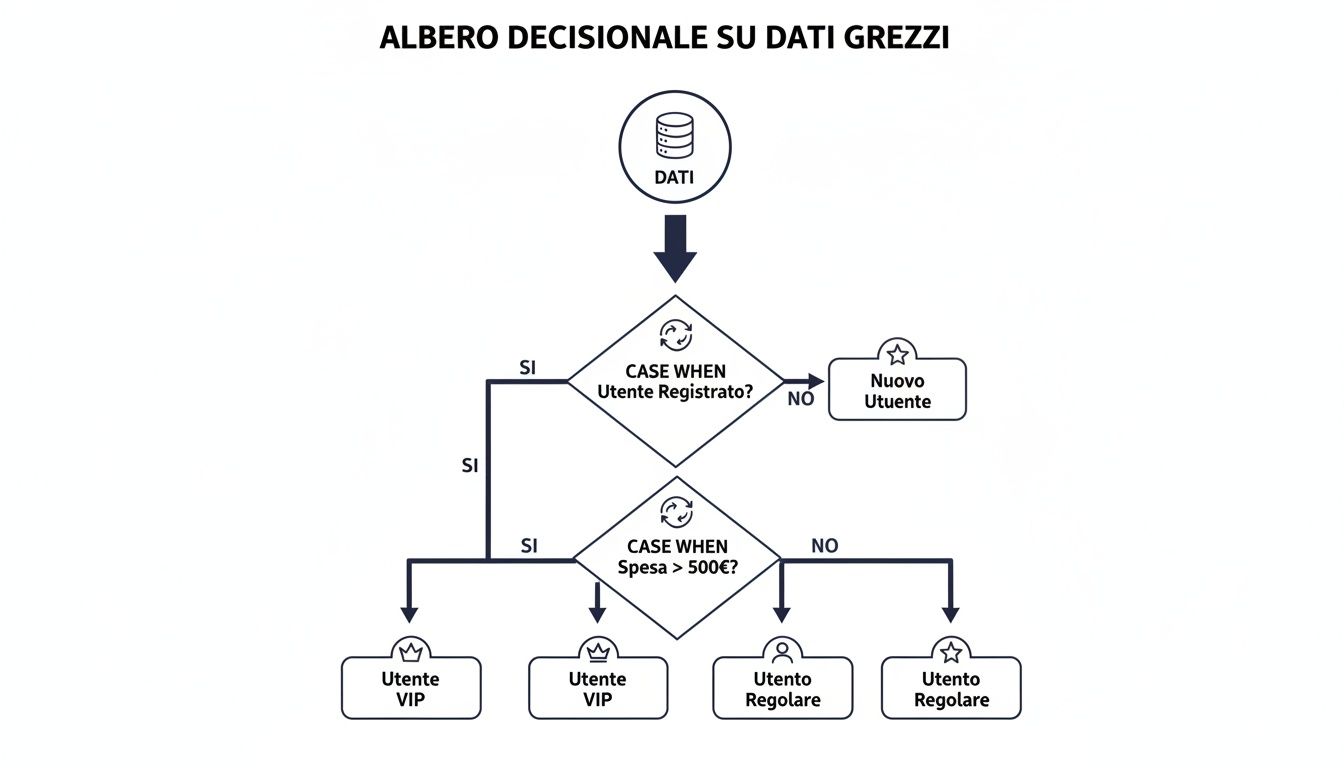 Diagramma albero decisionale che classifica gli utenti in base a registrazione e spesa, usando logica CASE WHEN.