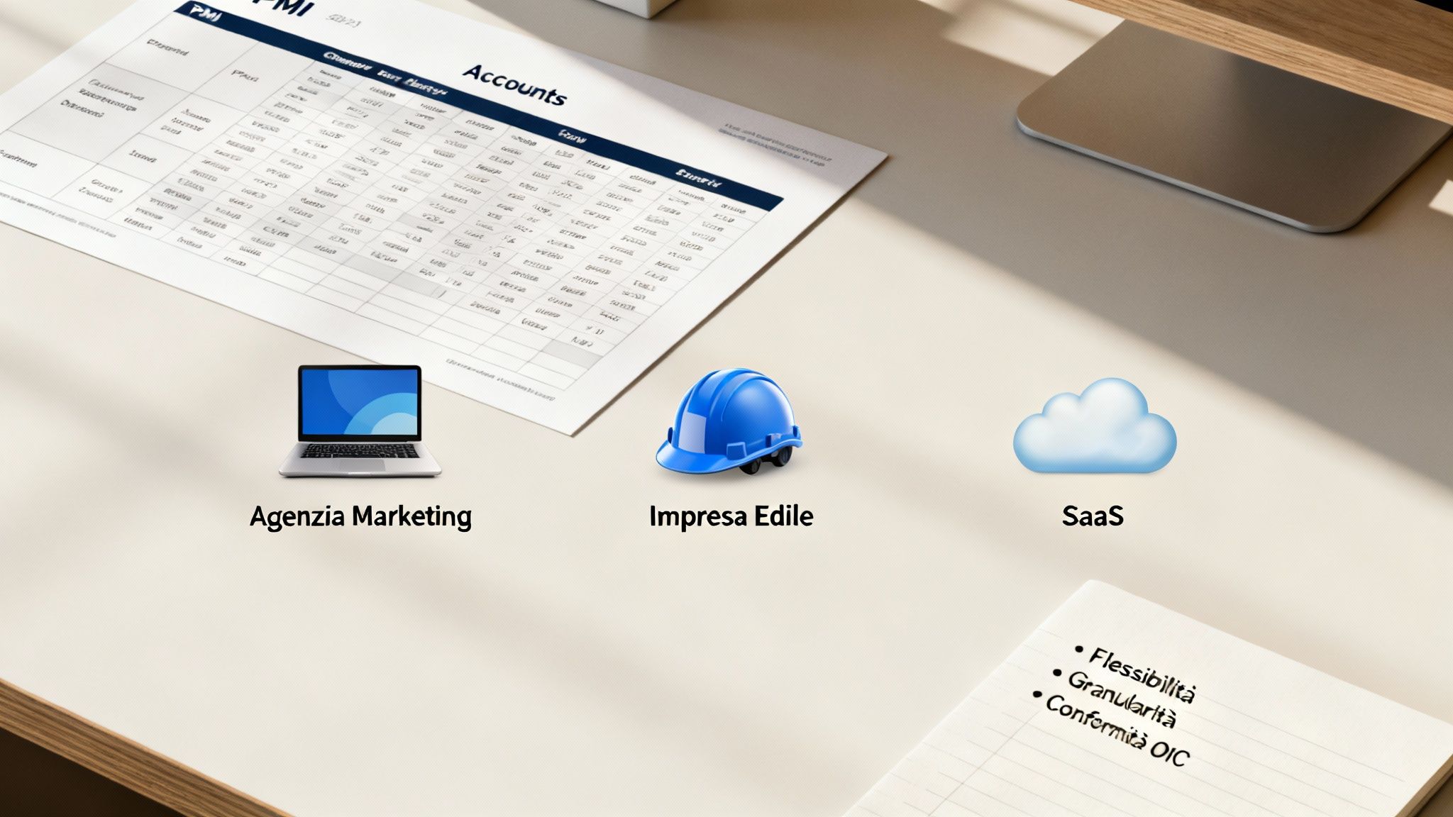 Un documento di bilancio con un laptop per agenzie marketing, un elmetto per imprese edili e un'icona cloud per SaaS, con note su flessibilità e conformità.