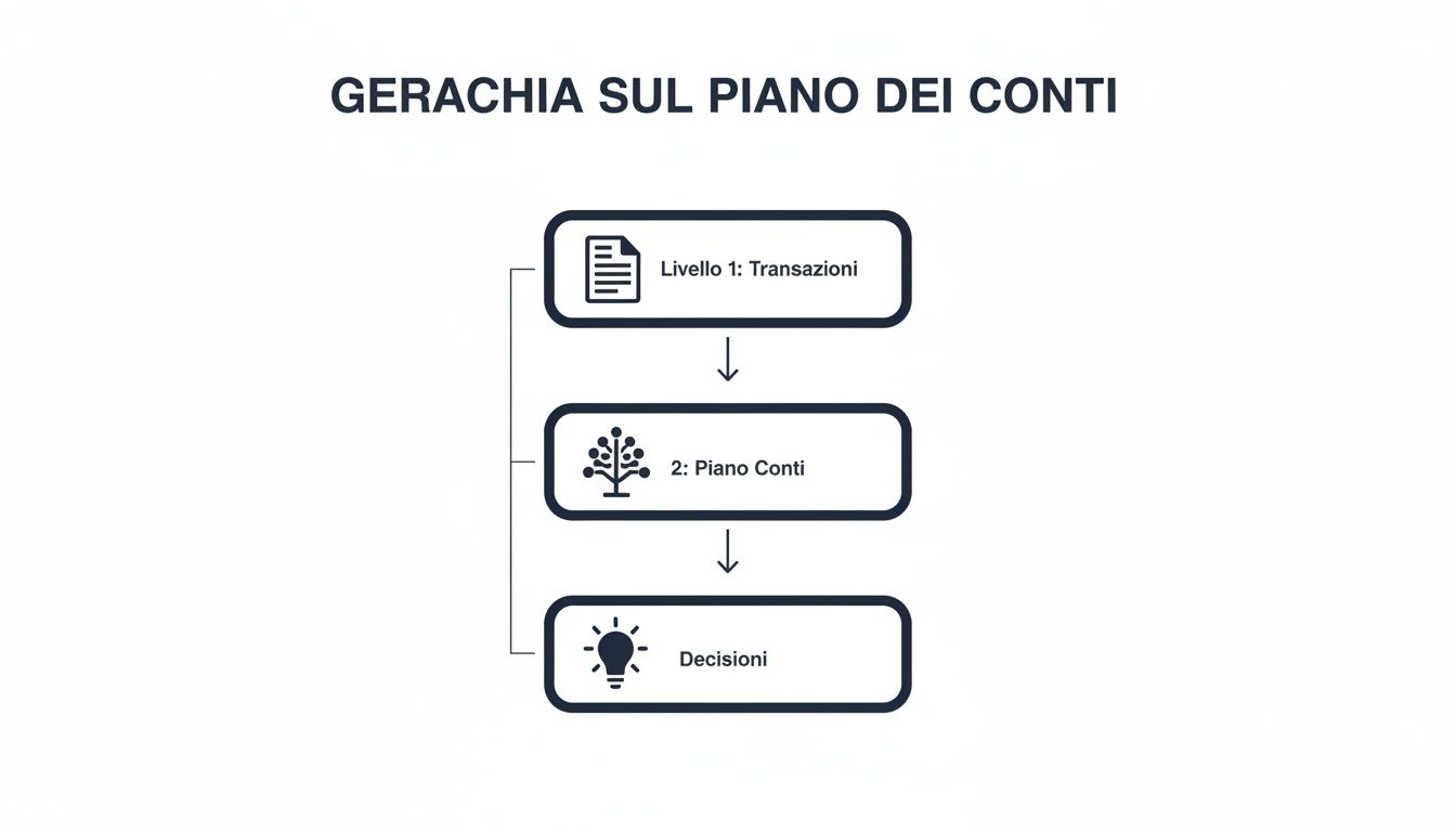 Diagramma a blocchi che illustra la gerarchia sul piano dei conti: Transazioni, Piano Conti e Decisioni.