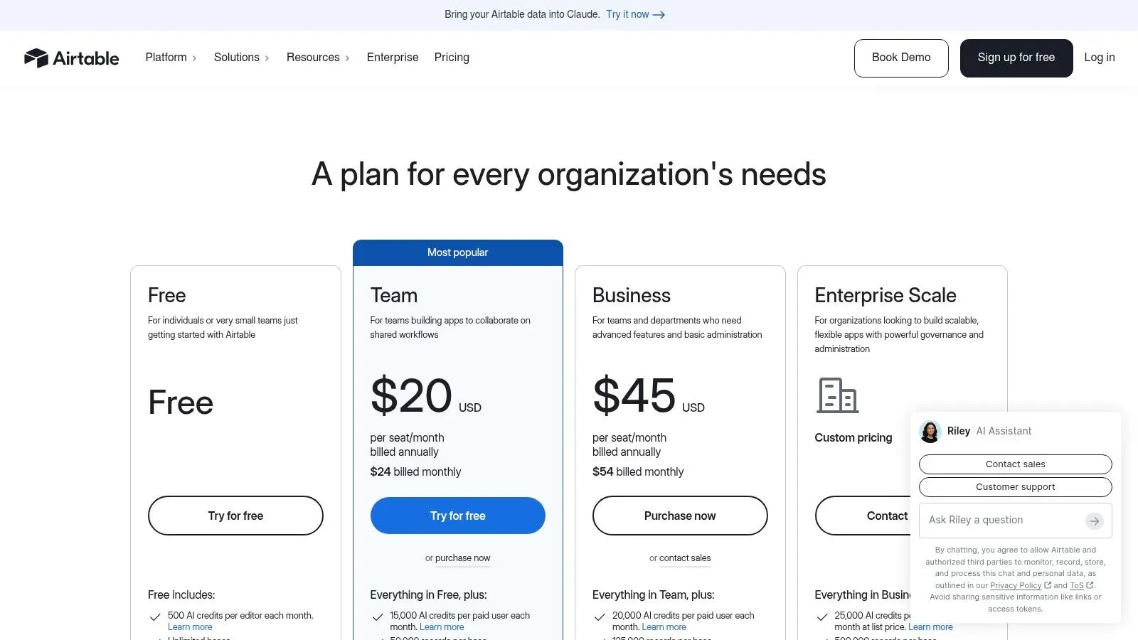 Airtable pricing page showing Free, Team ($20/seat), Business ($45/seat), and Enterprise Scale plan tiers.