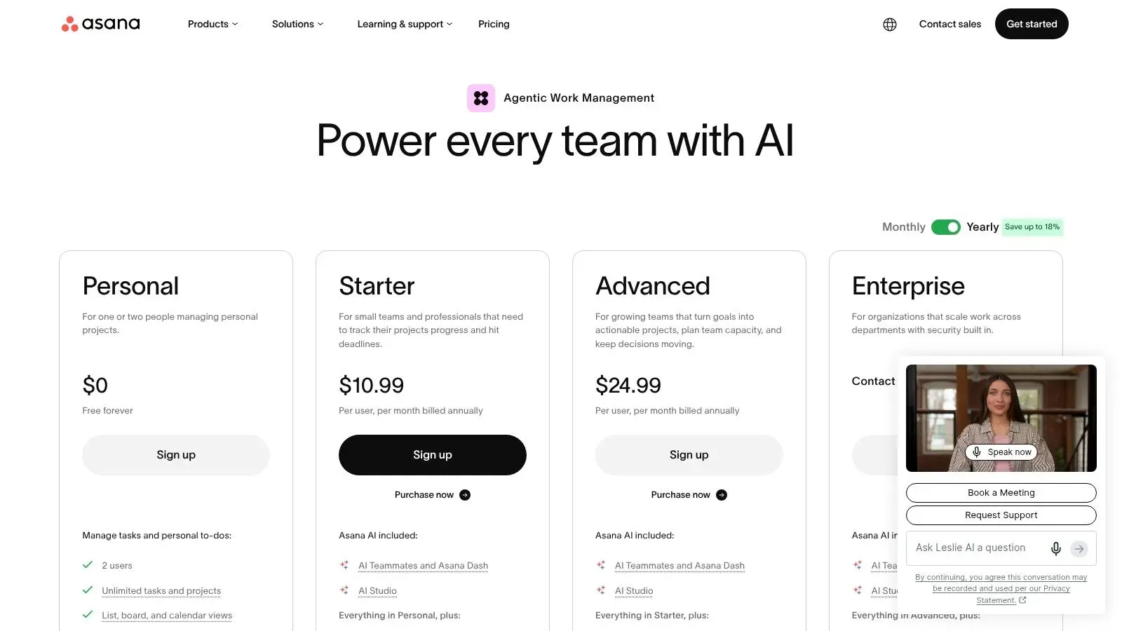 Asana pricing page showing Personal, Starter, Advanced, and Enterprise plans with monthly costs and features listed.