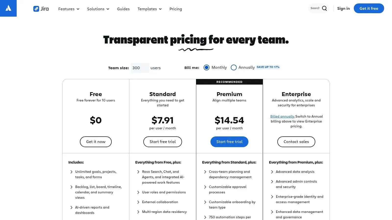 Jira pricing page showing Free, Standard, Premium, and Enterprise plans with per-user monthly rates and feature lists.