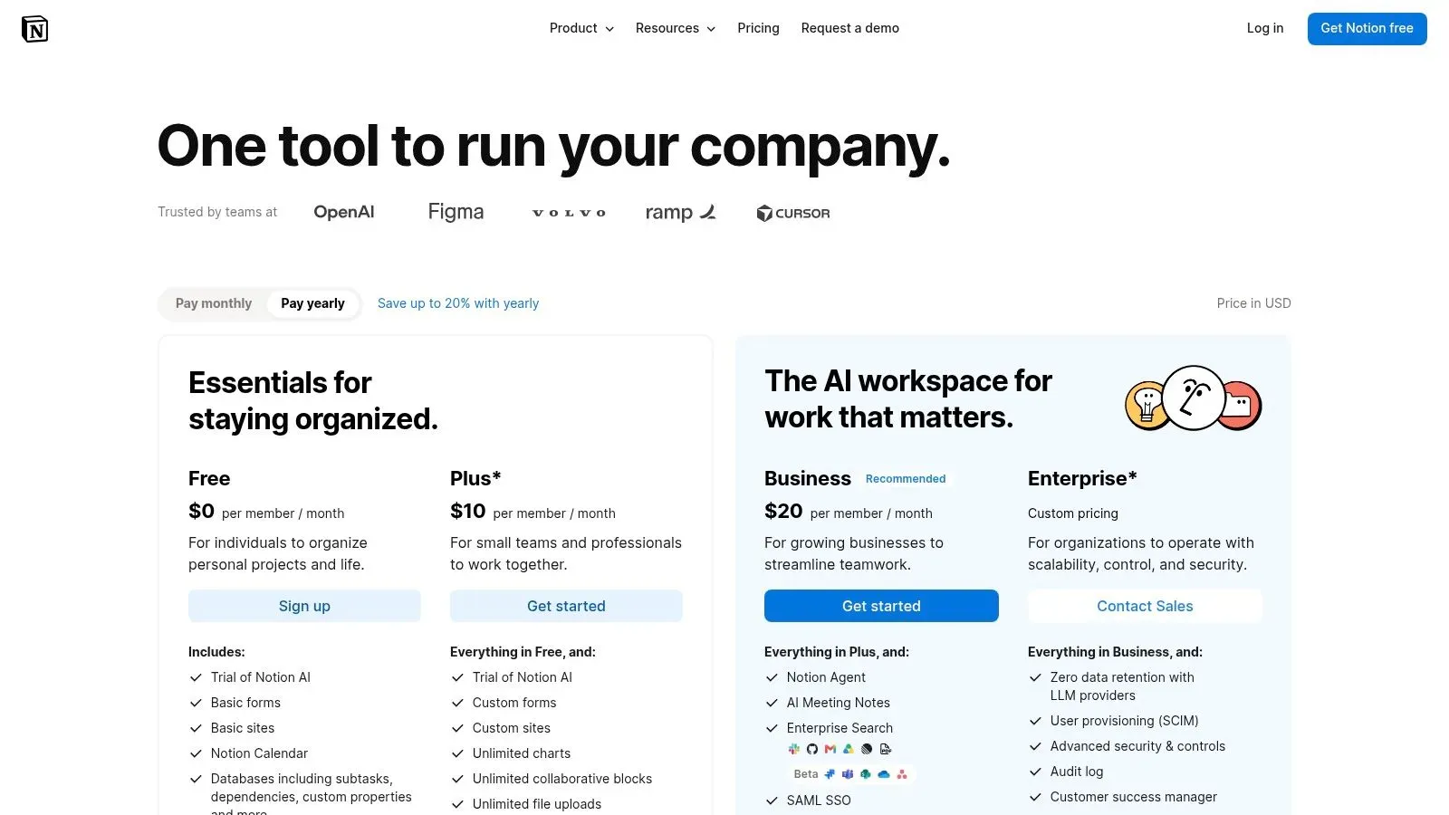 Notion pricing page showing Free, Plus, Business, and Enterprise plans with monthly costs and feature lists.
