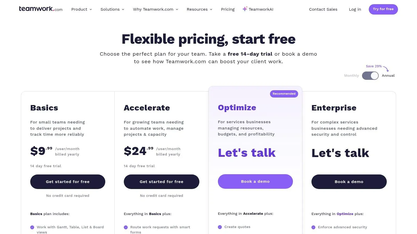 Teamwork.com pricing page showing Basics ($9.99), Accelerate ($24.99), Optimize, and Enterprise plans with monthly/annual toggle.