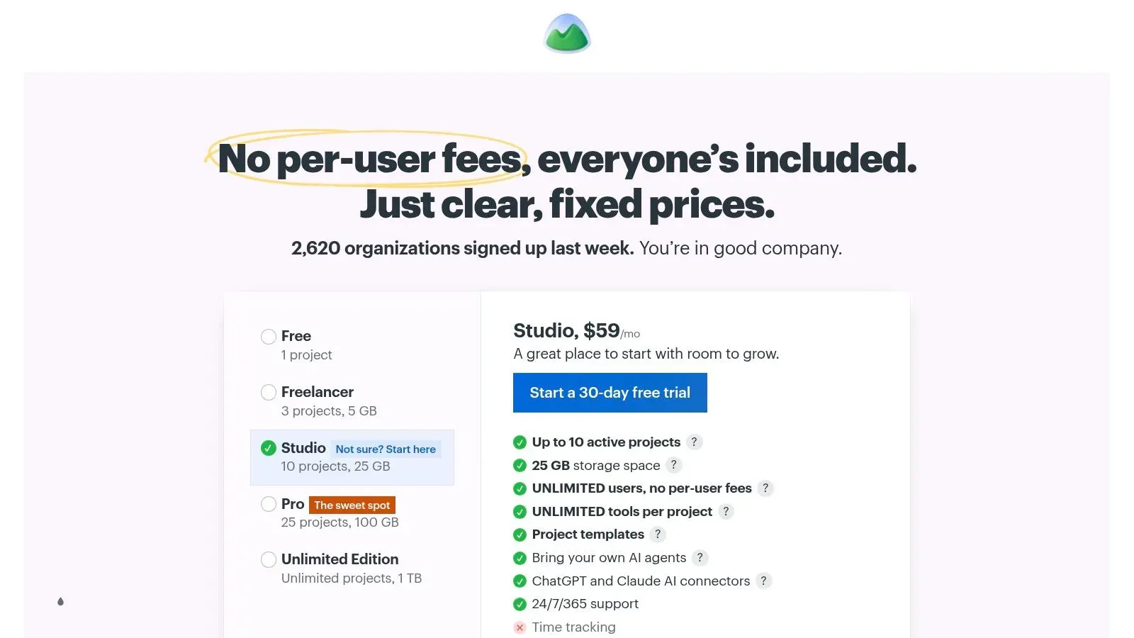 Pricing table headlined "No per-user fees, everyone's included," showing Free, Freelancer, Studio, Pro, and Unlimited Edition plans with Studio selected at $59/mo.