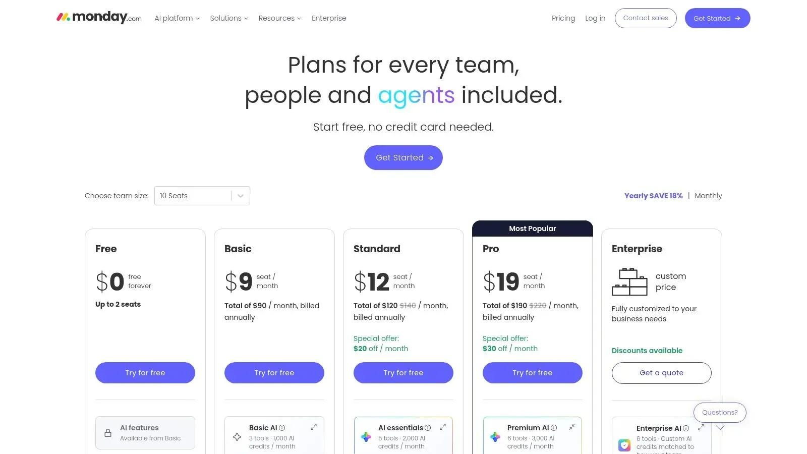 Monday.com pricing table with Free, Basic, Standard, Pro (Most Popular), and Enterprise tiers for 10 seats.