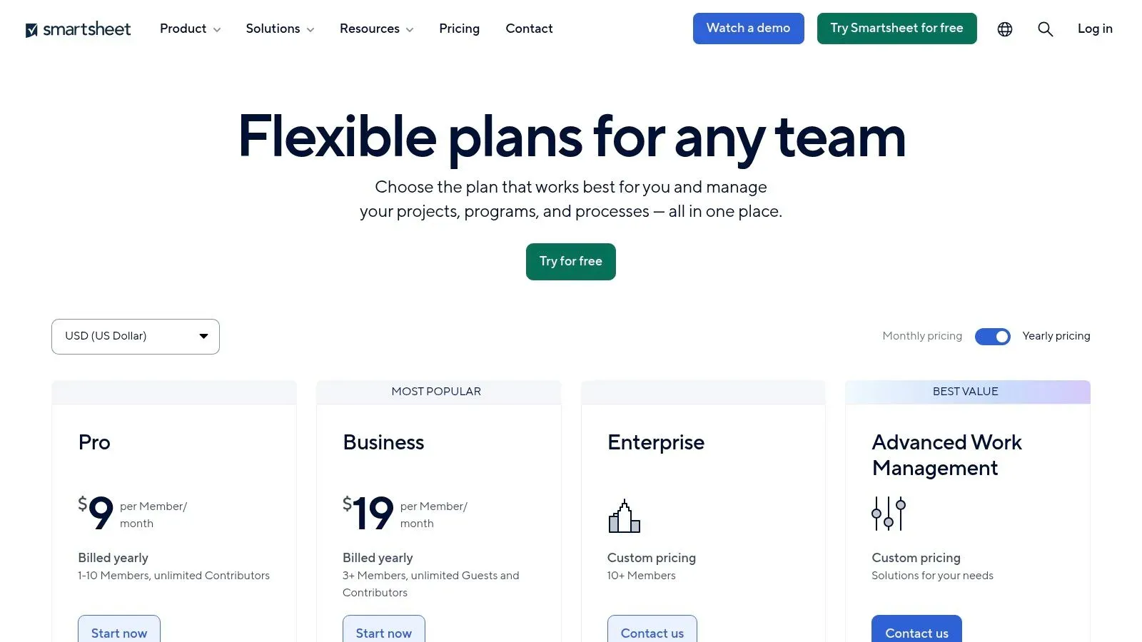 Smartsheet pricing page showing Pro at $9/month, Business at $19/month, plus Enterprise and Advanced Work Management tiers.