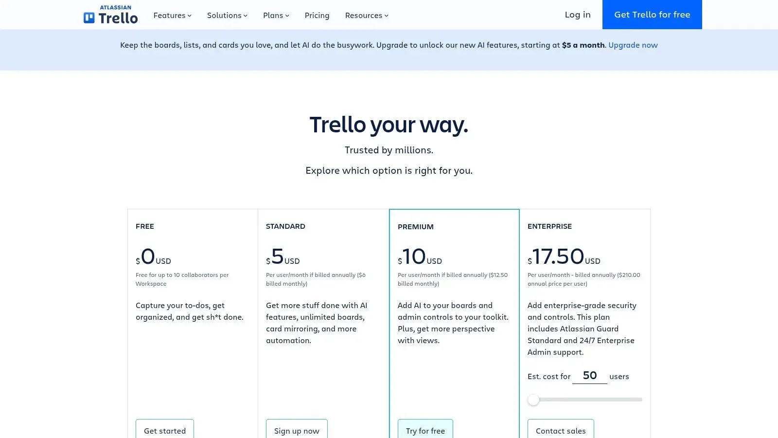 Trello pricing page showing Free ($0), Standard ($5), Premium ($10), and Enterprise ($17.50) plan tiers with feature lists.