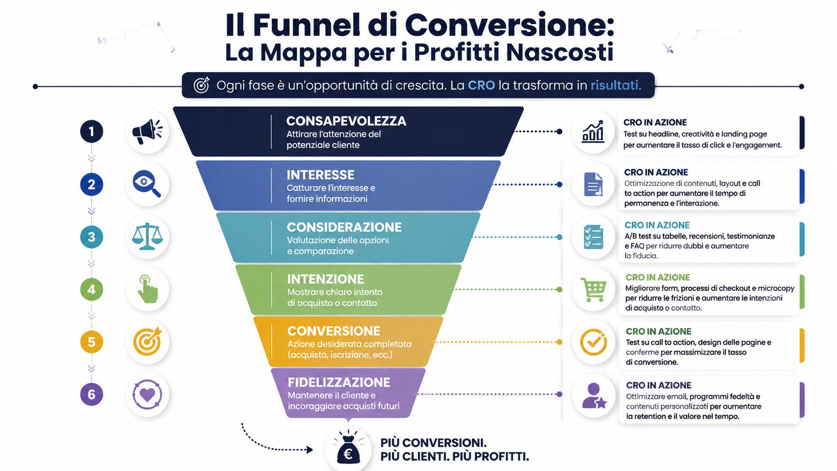 Grafico che illustra le sei fasi del funnel di conversione ottimizzato attraverso strategie di CRO efficaci.