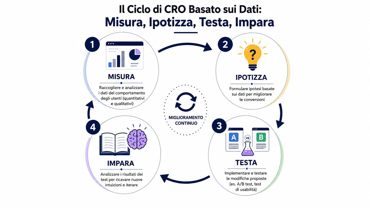 Diagramma circolare che illustra il ciclo di ottimizzazione del tasso di conversione: misurazione, ipotesi, test e apprendimento.