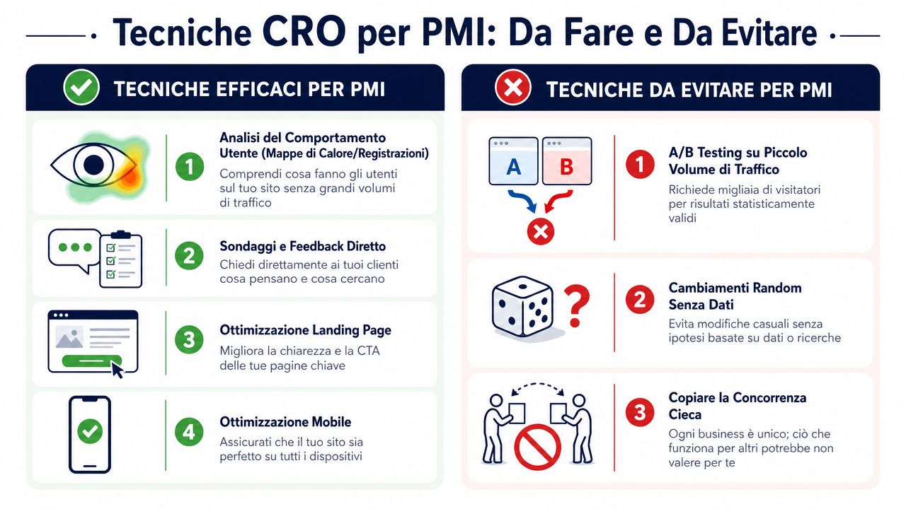 Infografica che mostra le pratiche consigliate e quelle da evitare per l'ottimizzazione del tasso di conversione nelle PMI.