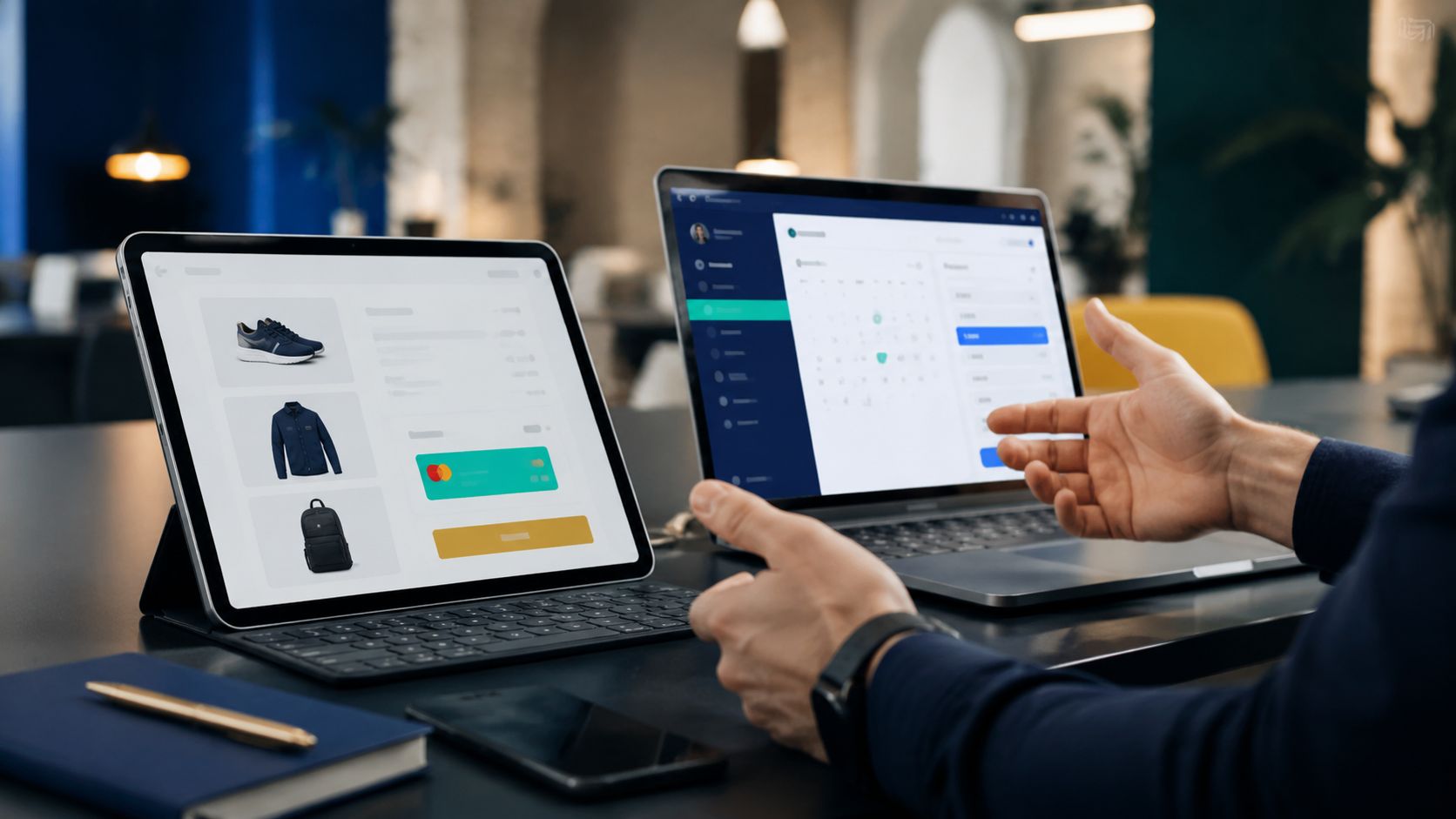 Una persona che lavora al computer analizzando dati di e-commerce su tablet e laptop in ufficio.