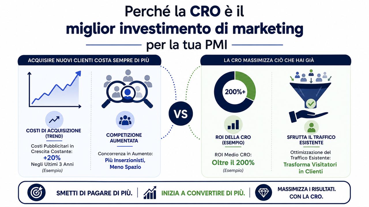 Infografica che illustra perché la CRO è un investimento migliore rispetto all'acquisizione di nuovi clienti per le PMI.