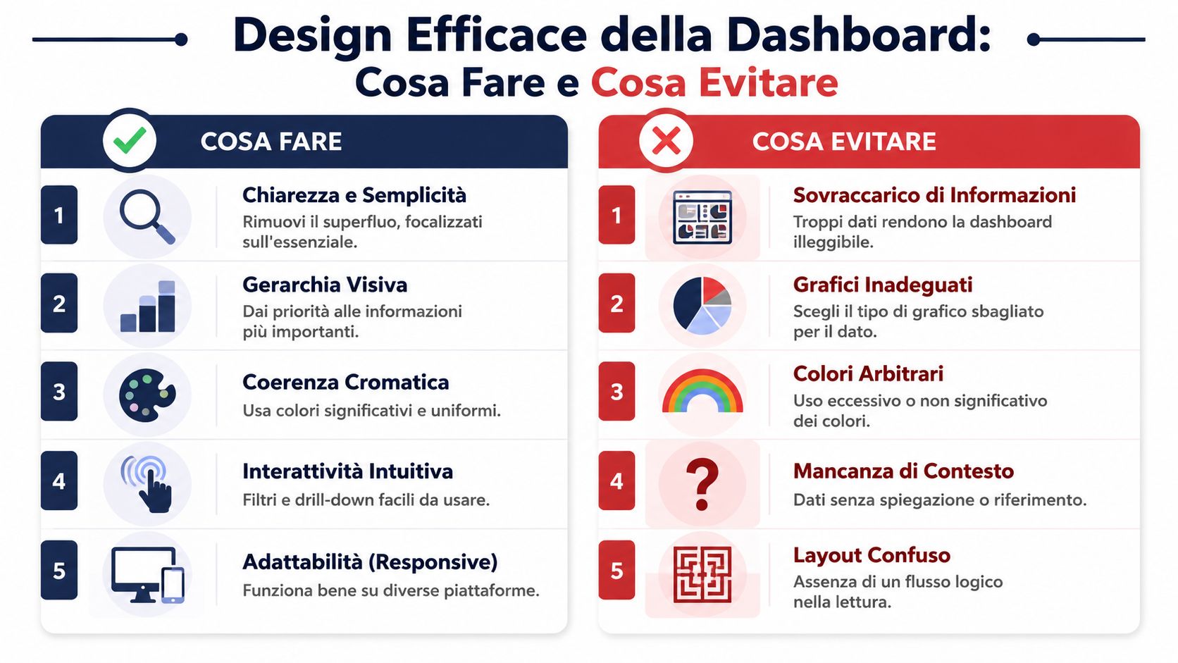 Infografica che illustra le buone pratiche e gli errori comuni da evitare nella progettazione di una dashboard efficace.