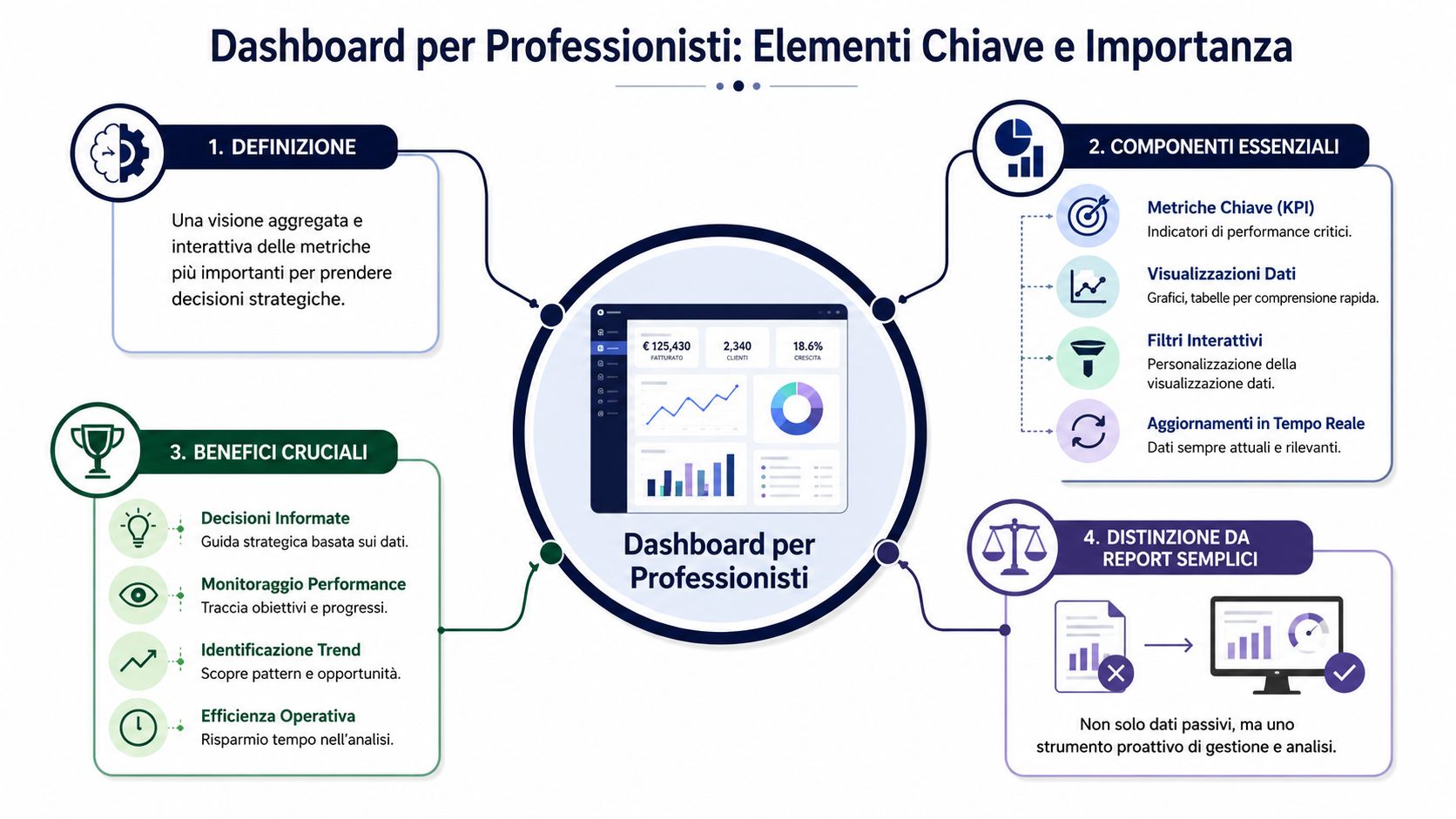 Infografica che illustra le caratteristiche principali, i vantaggi e la struttura di una dashboard professionale.
