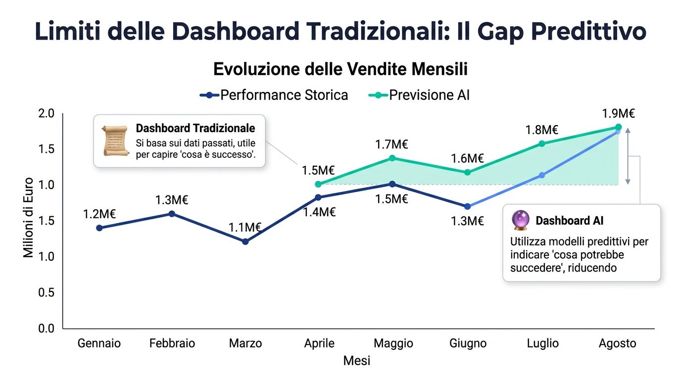 Grafico comparativo che illustra la differenza tra dashboard tradizionali basate sui dati passati e dashboard predittive basate sull'intelligenza artificiale.