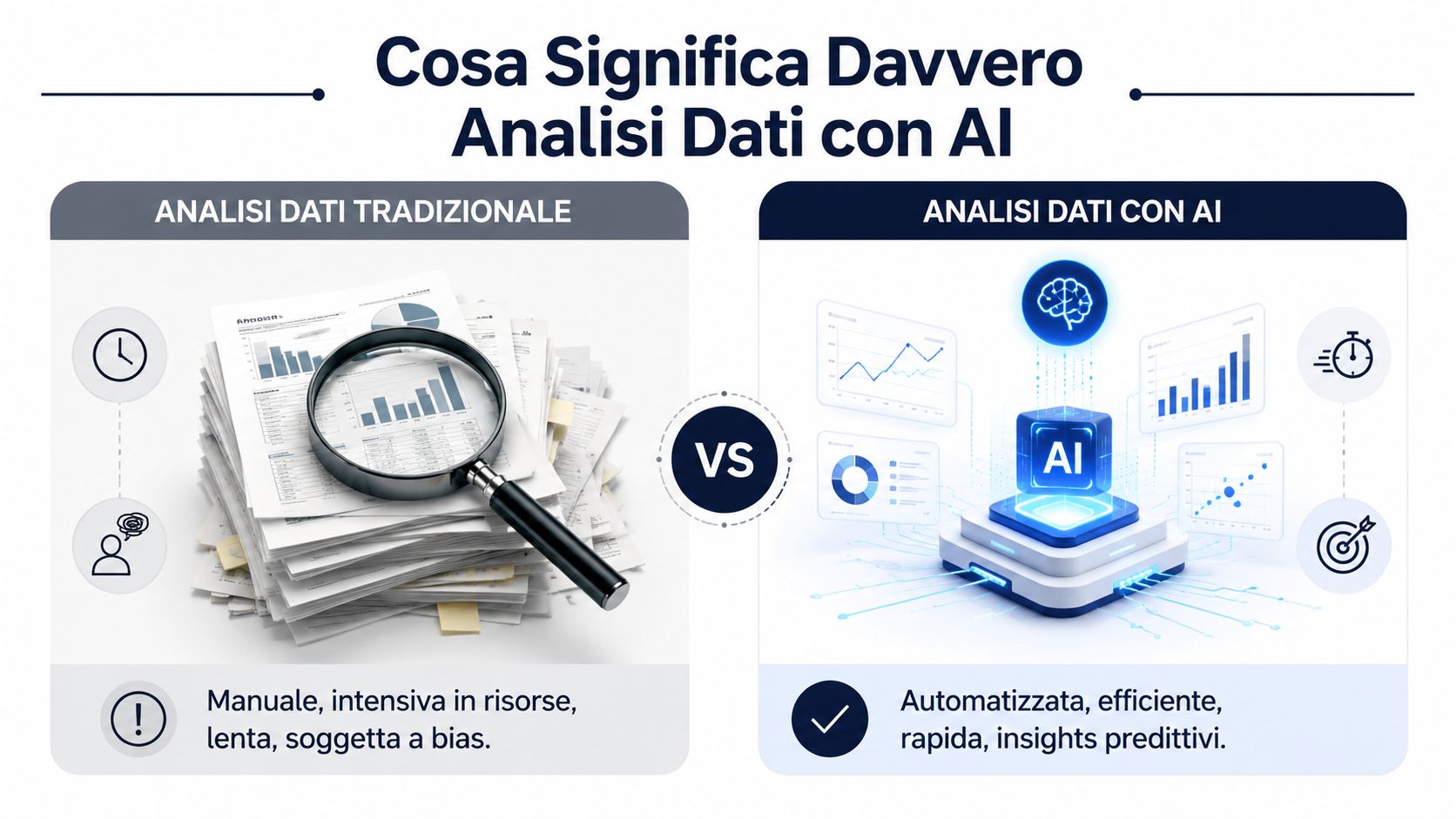 Confronto grafico tra l'analisi dati tradizionale manuale e l'analisi dei dati avanzata tramite intelligenza artificiale.
