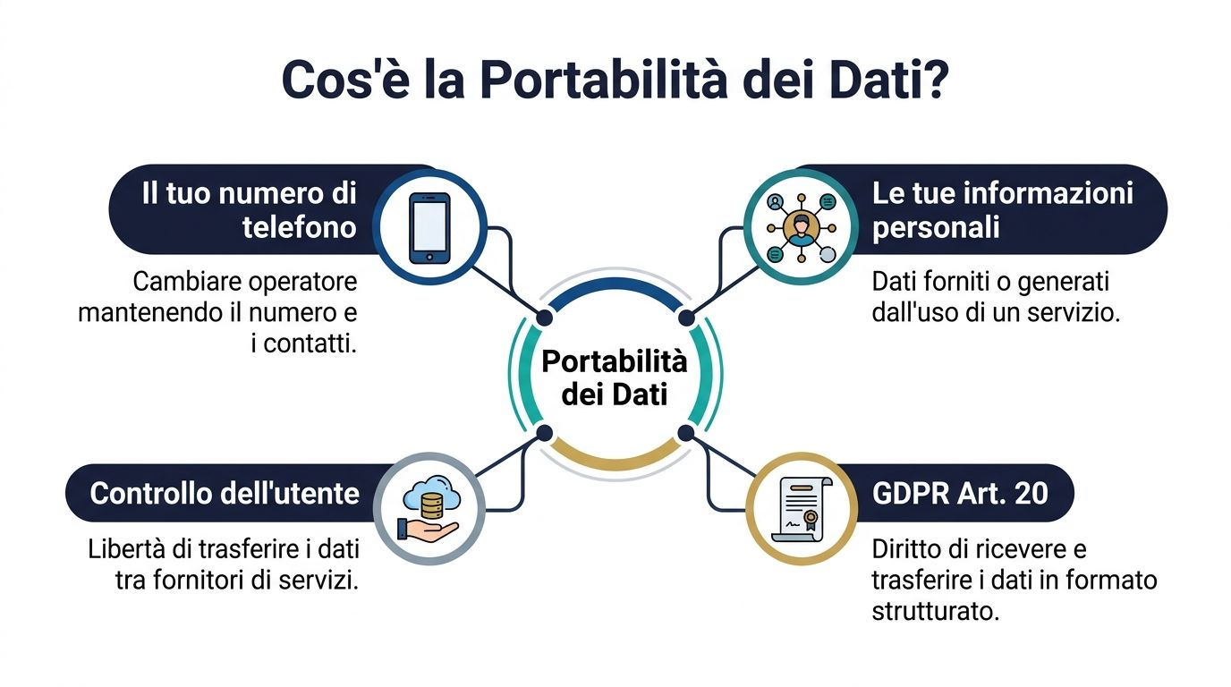 Infografica che spiega il concetto di portabilità dei dati, incluse informazioni personali, GDPR e controllo dell'utente.
