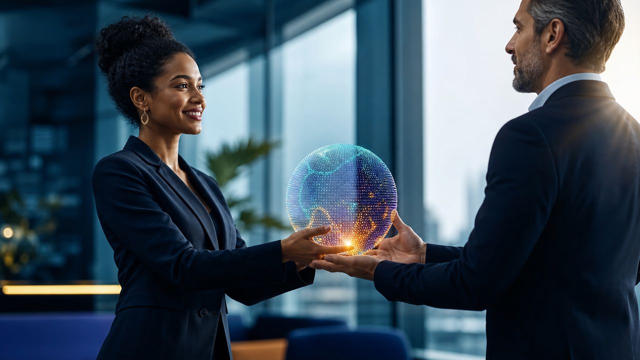 Una donna d'affari e un uomo d'affari che tengono insieme un globo digitale in un ufficio moderno.