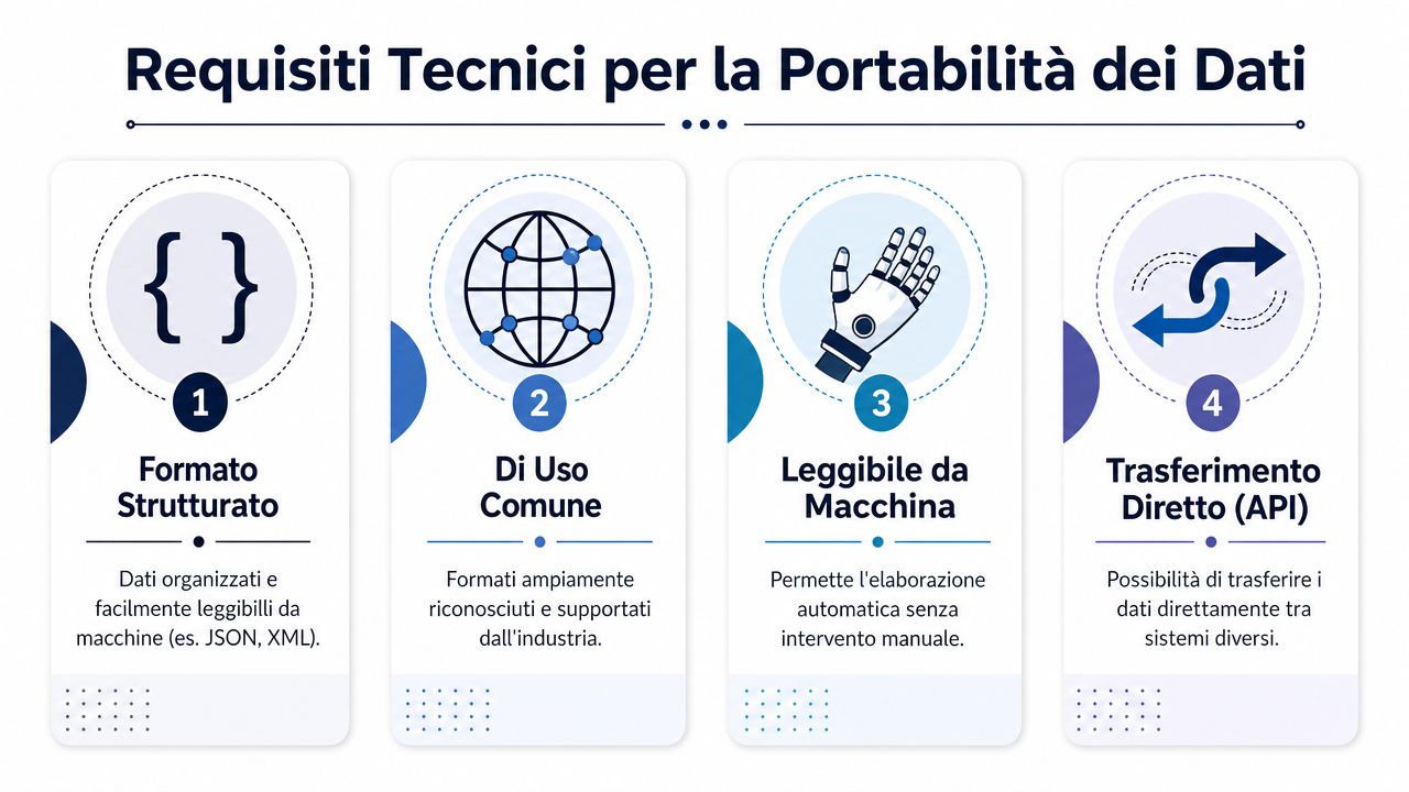 Infografica sui quattro requisiti tecnici essenziali per garantire la portabilità dei dati personali in modo efficace.