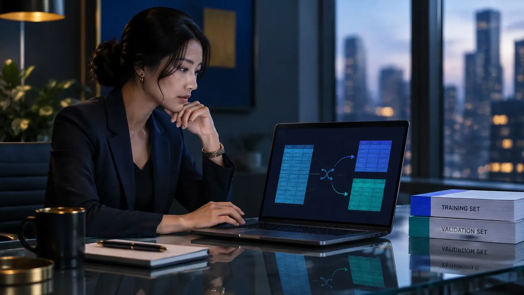 A businesswoman analyzing data preprocessing steps shown on her laptop screen in a modern high-rise office.