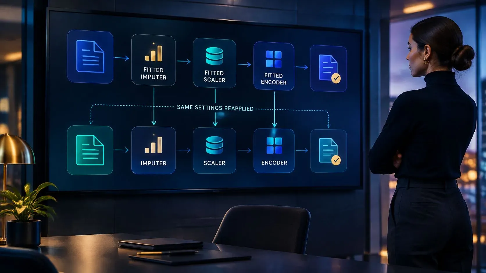A professional woman viewing a digital display illustrating data preprocessing steps for machine learning workflows.