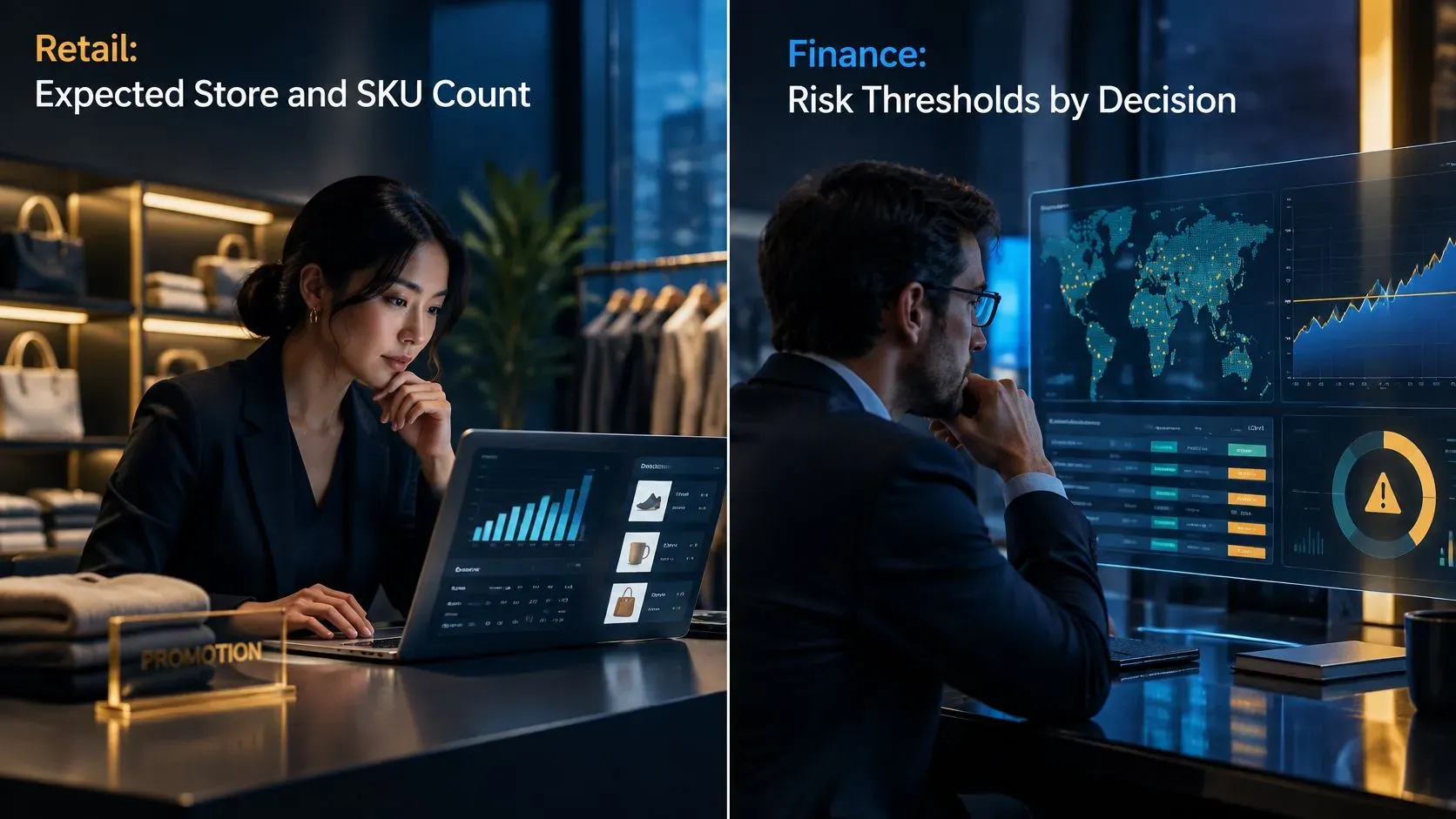 Two professionals using data visualization dashboards for retail SKU monitoring and finance risk threshold analysis.