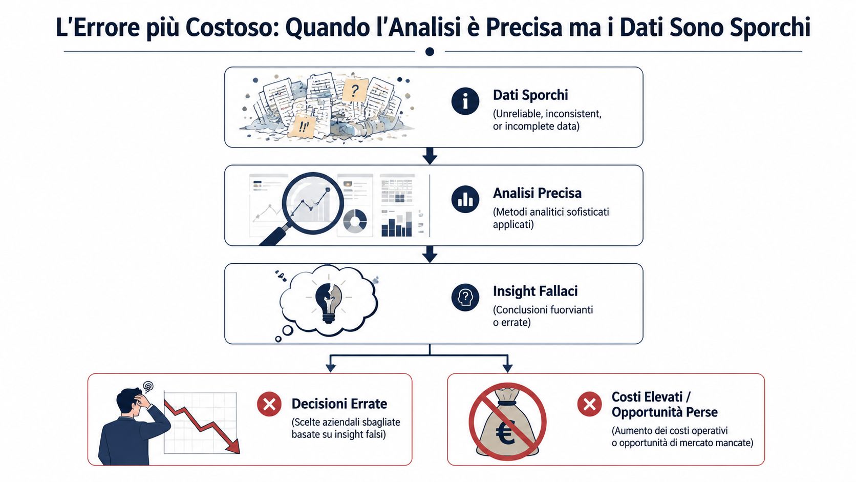 Un diagramma di flusso che illustra come dati non attendibili portino a decisioni aziendali errate e costi elevati.