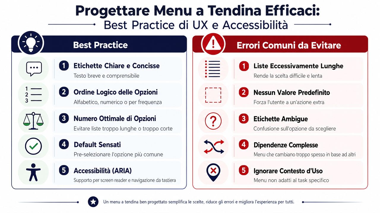 Infografica che illustra le migliori pratiche di UX e gli errori comuni nella progettazione di menu a tendina.