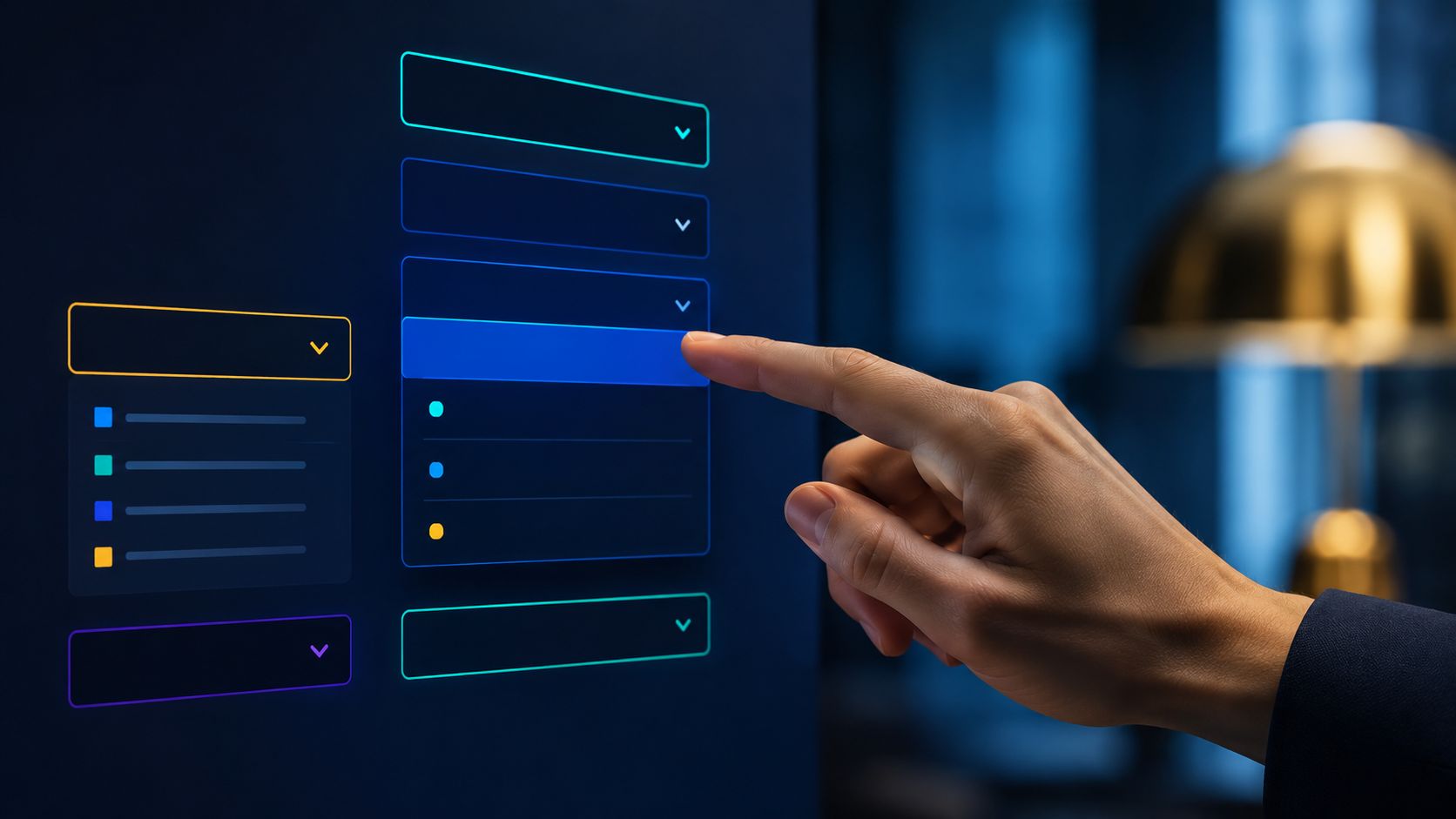 Una mano interagisce con un'interfaccia digitale futuristica che presenta diversi menu a tendina su uno schermo scuro.