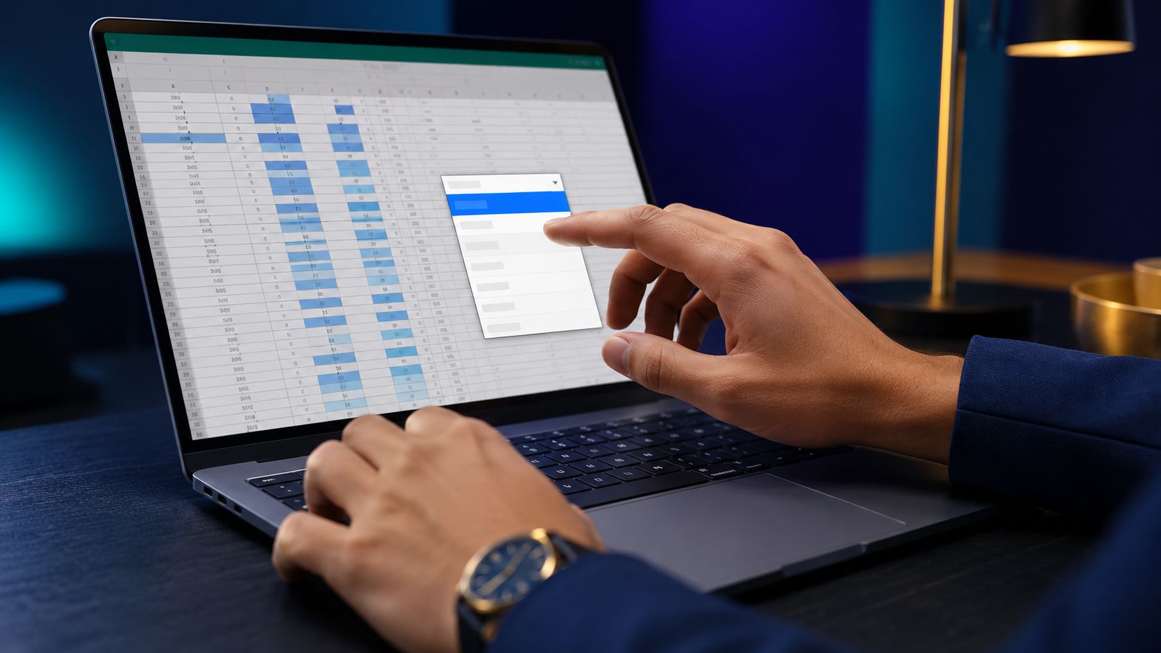 Una persona che utilizza un computer portatile con un menu a tendina aperto sullo schermo di lavoro.