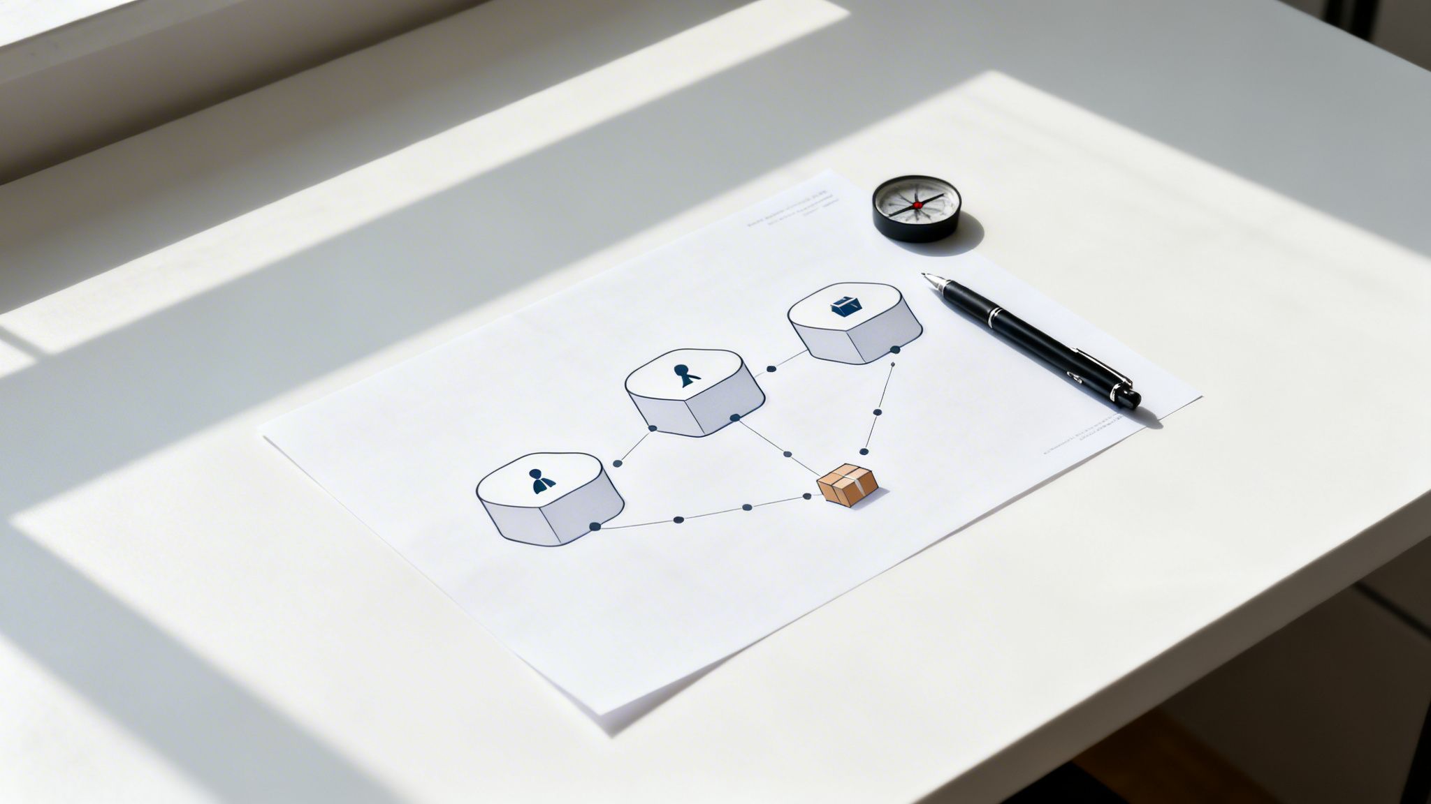 Un diagramma con scatole esagonali e una piccola scatola di cartone su un foglio bianco. Sono presenti anche una penna nera e una bussola su un tavolo bianco con ombre.