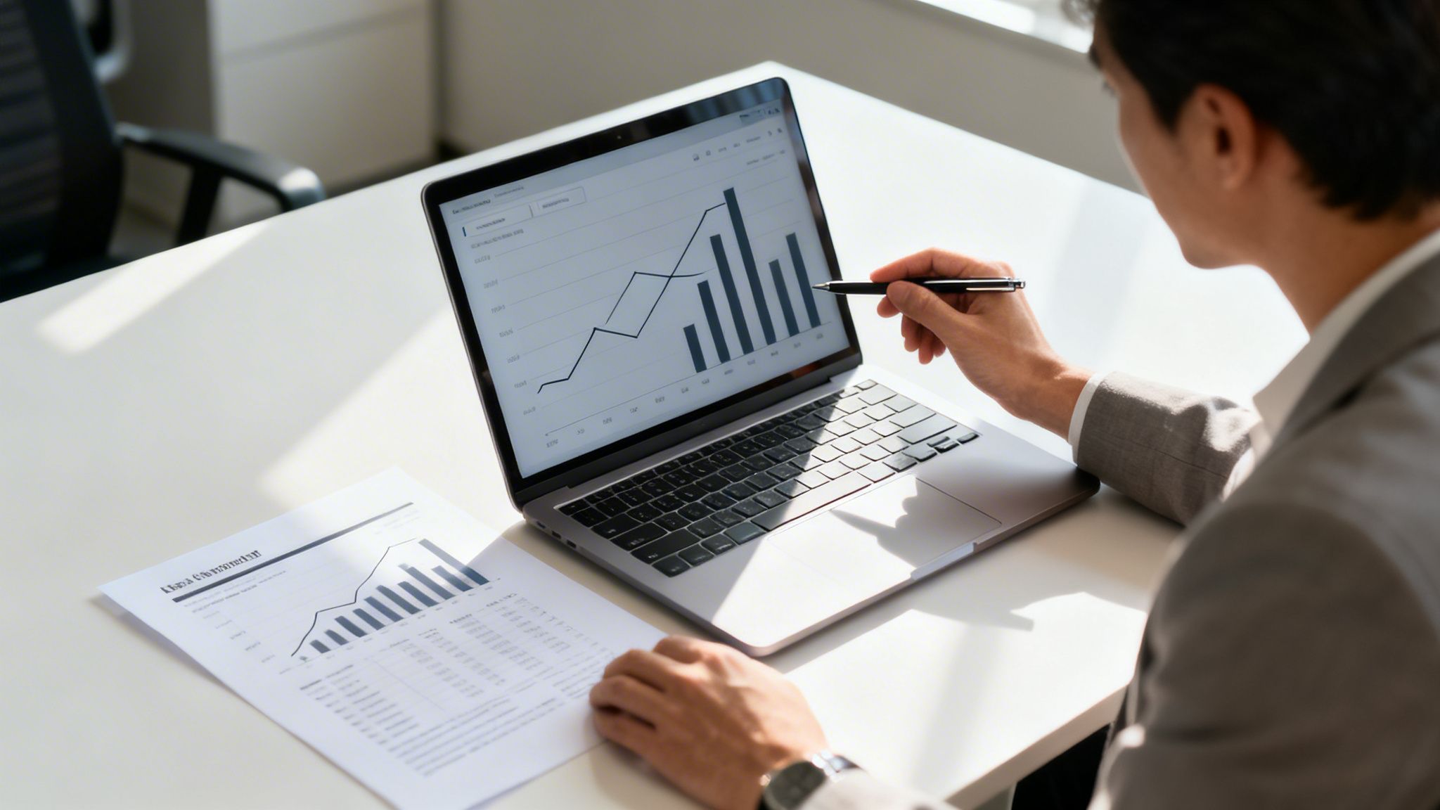 Persona in giacca che analizza grafici finanziari su laptop e documenti stampati in ufficio.