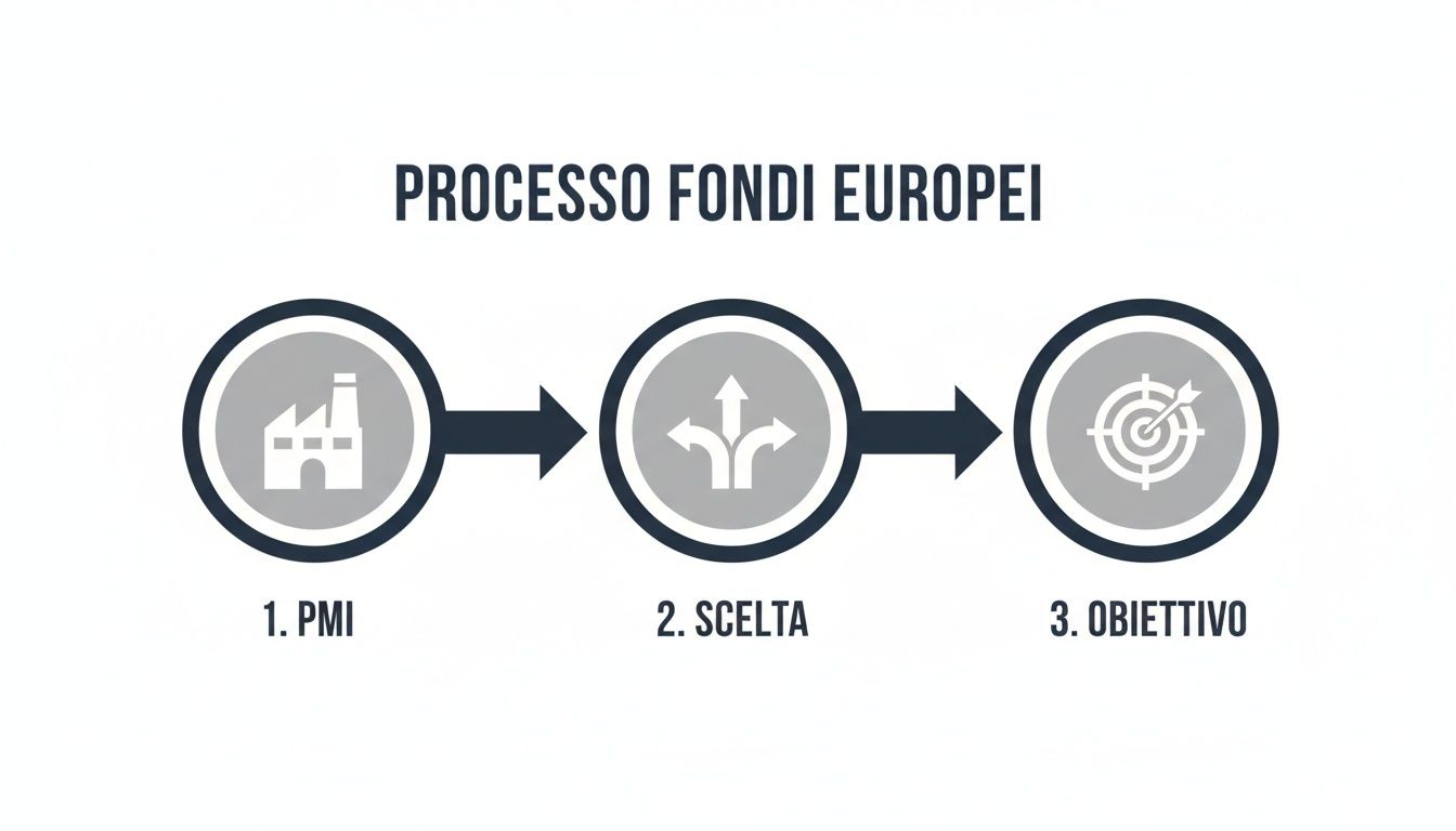 Un diagramma di flusso che illustra il processo dei fondi europei: PMI, scelta e obiettivo con icone rappresentative.